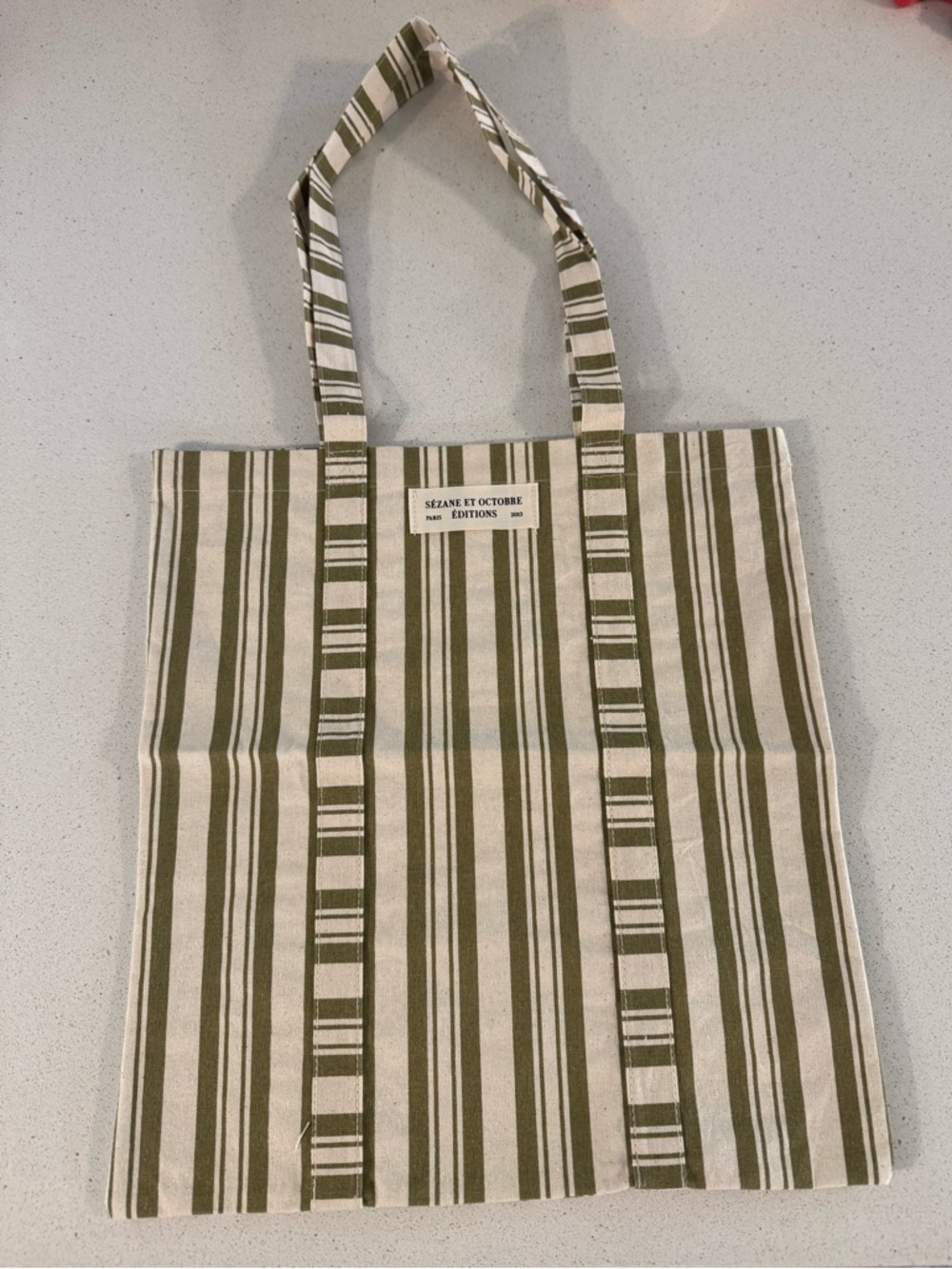 Sezane Striped Canvas Tote with Olive and Cream Stripes